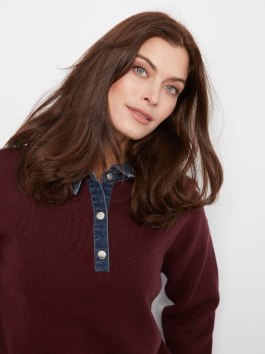 Long Sleeve Drop Shoulder Polo Sweater With Denim Shirt Collar And Placket