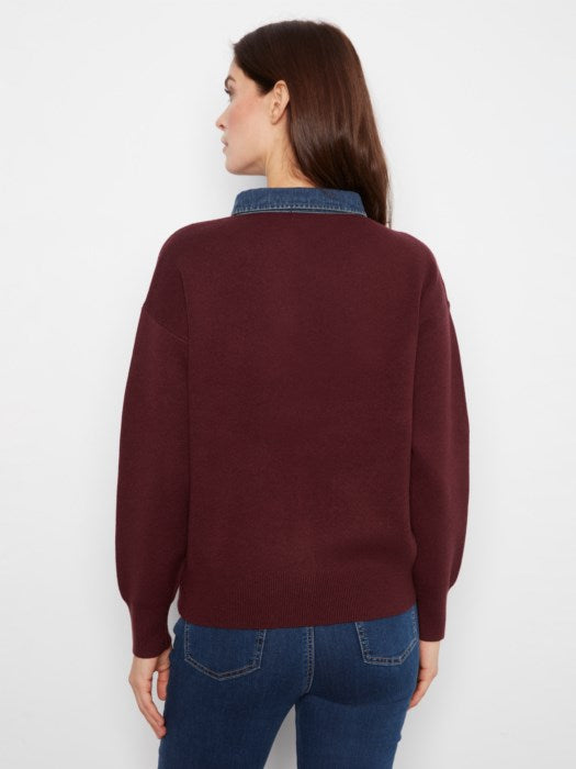 Long Sleeve Drop Shoulder Polo Sweater With Denim Shirt Collar And Placket