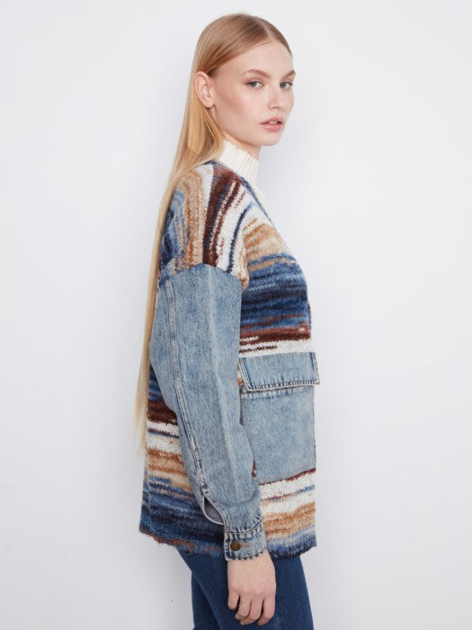 Space Dye Yarn Cardigan With Denim Combo