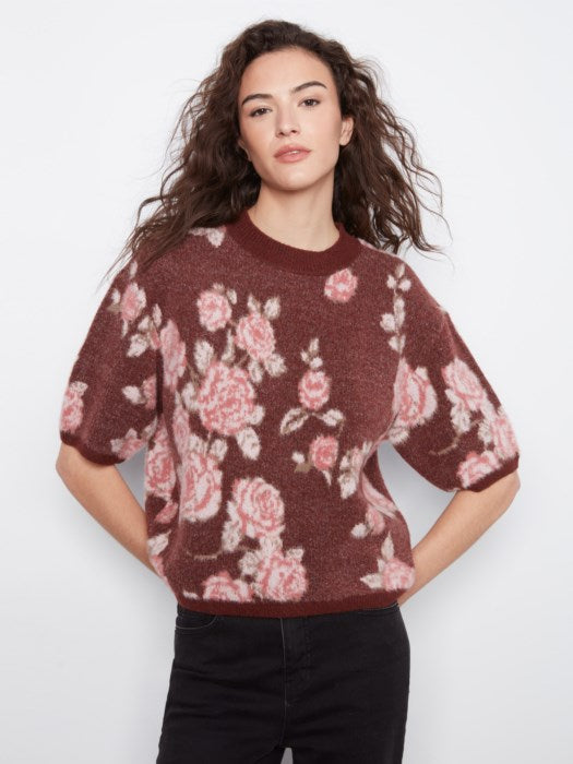 Elbow Sleeve Balloon Shape Jacquard Sweater