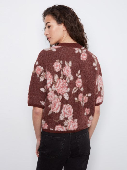 Elbow Sleeve Balloon Shape Jacquard Sweater