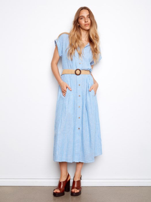 Yarn-Dye Short Sleeves Buttoned Front Maxi Dress With Belt