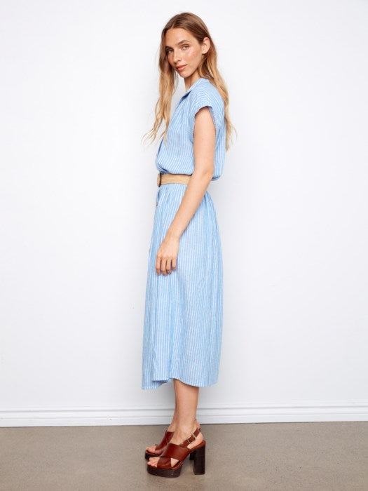 Yarn-Dye Short Sleeves Buttoned Front Maxi Dress With Belt