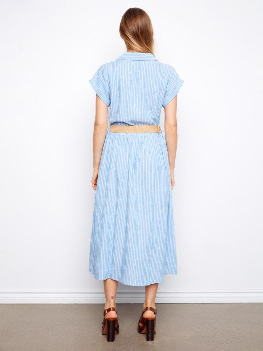 Yarn-Dye Short Sleeves Buttoned Front Maxi Dress With Belt