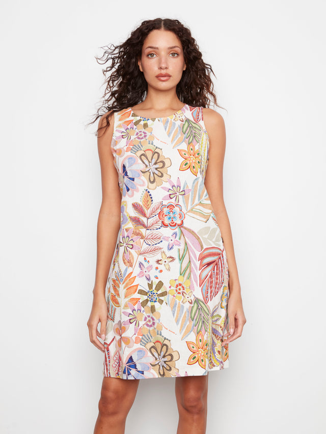 Printed Sleeveless Shift Dress With Decorative Side Button Detail