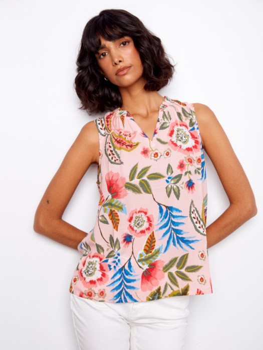 Printed Ruffle Neck Sleeveless Top