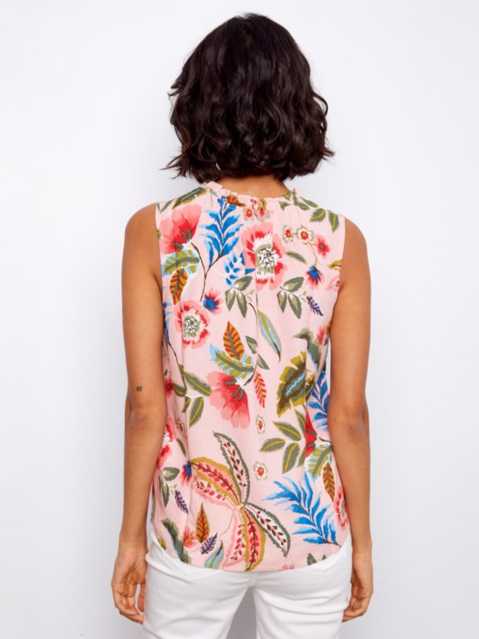 Printed Ruffle Neck Sleeveless Top