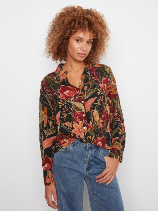 Printed Long Sleeve Shirt with Twisted Front