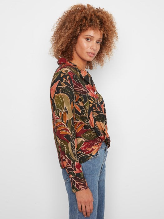 Printed Long Sleeve Shirt with Twisted Front