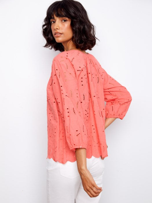 3/4 Raglan Sleeve Blouse With Ties At Notch Neckline