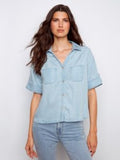 Short Sleeve Button Front Tencel Blouse With Patch Pockets