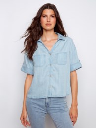 Short Sleeve Button Front Tencel Blouse With Patch Pockets