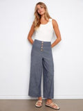 Stretch Linen Wide Leg Button Front Pants