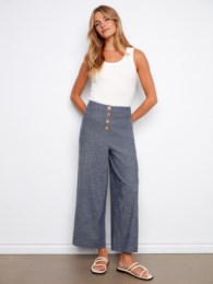 Stretch Linen Wide Leg Button Front Pants