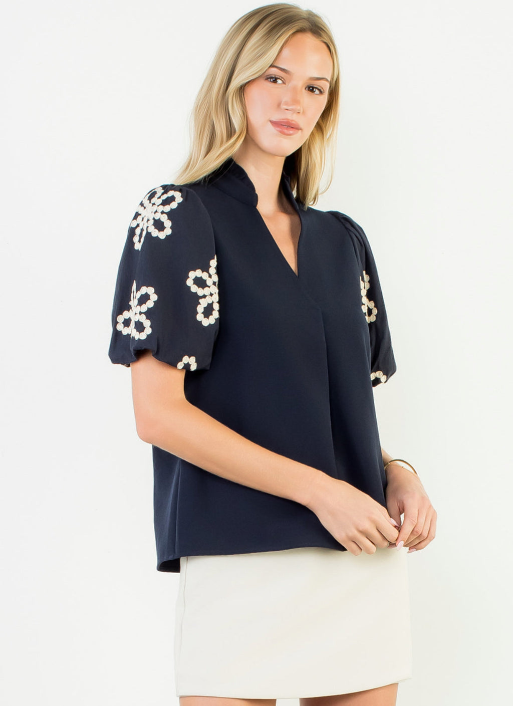 Kathleen Puff Sleeve Top with Embroidered Detail