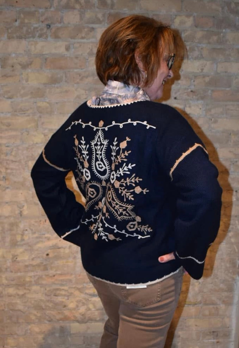 Ribbed V-Neck Notched Soutache Sweater