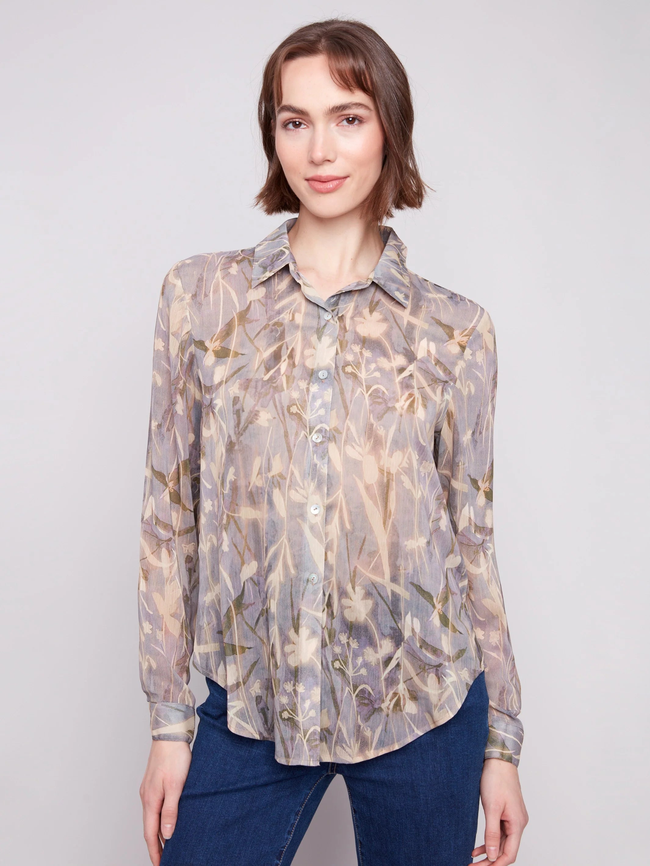 Printed Chiffon Button-Down Shirt