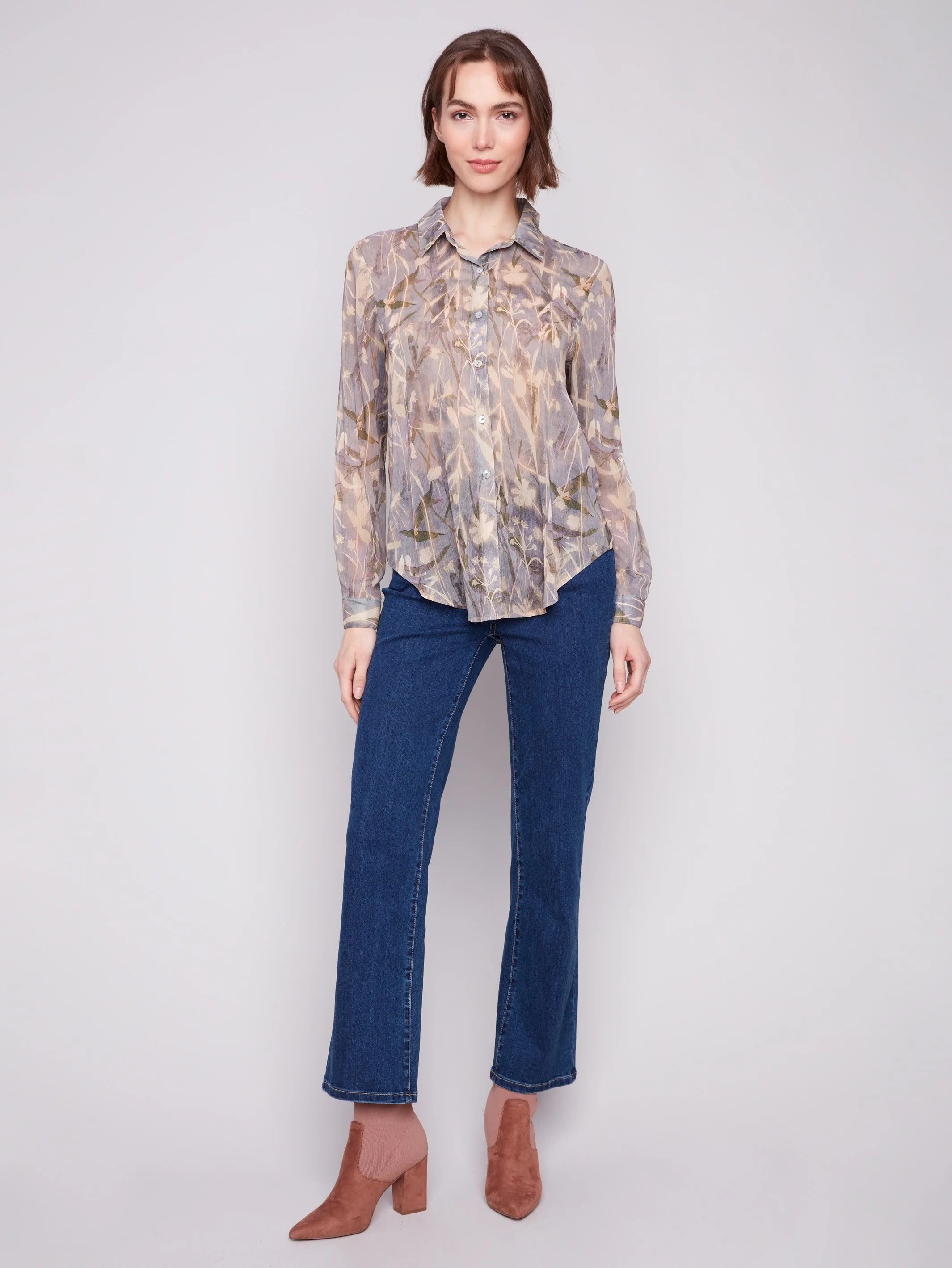 Printed Chiffon Button-Down Shirt