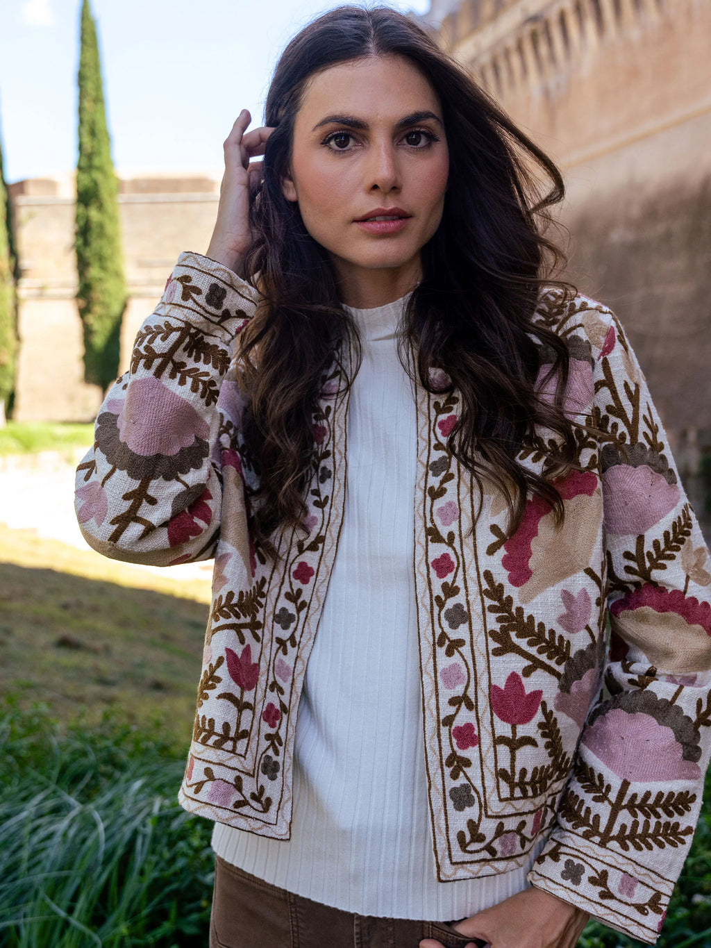 Edge to Edge Embroidered Cotton Basketweave Jacket