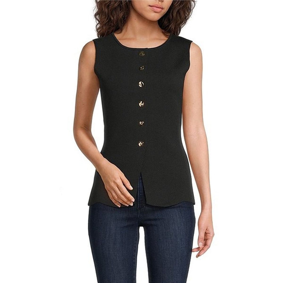 Crew Neck Sleeveless Button Front Knit Peplum Vest