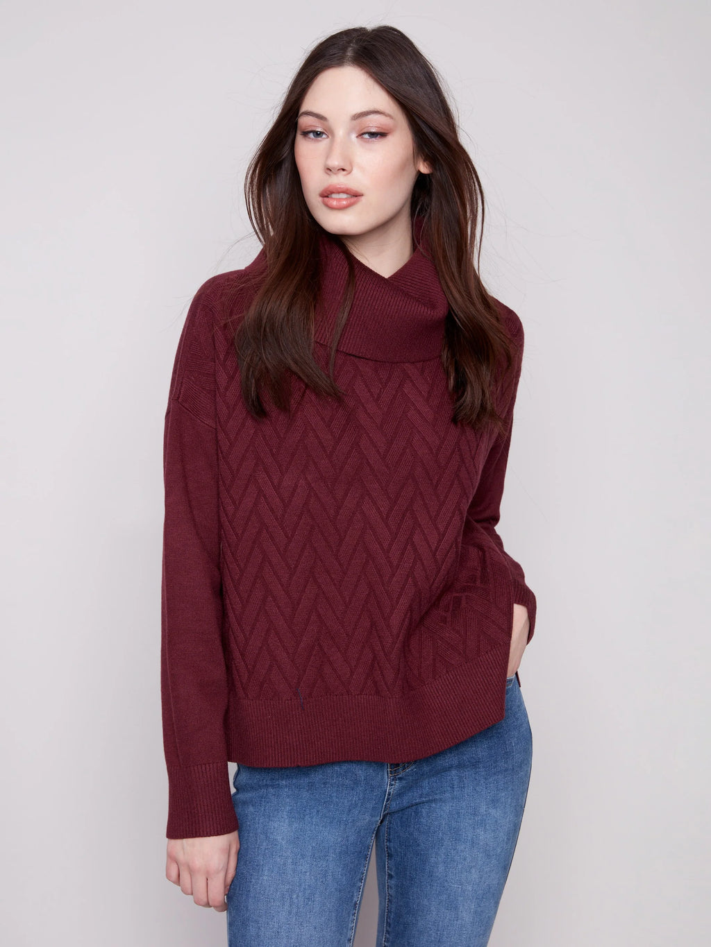 Cowl Neck Chevron Knit Sweater With Side Tie