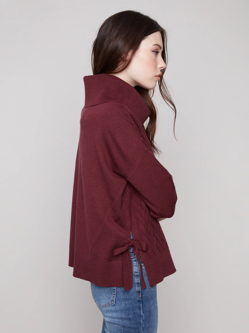 Cowl Neck Chevron Knit Sweater With Side Tie