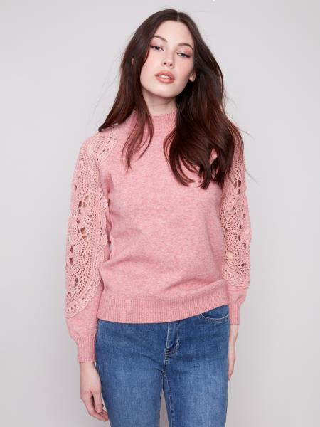 Mock Neck Raglan Sweater With Crochet Sleeves