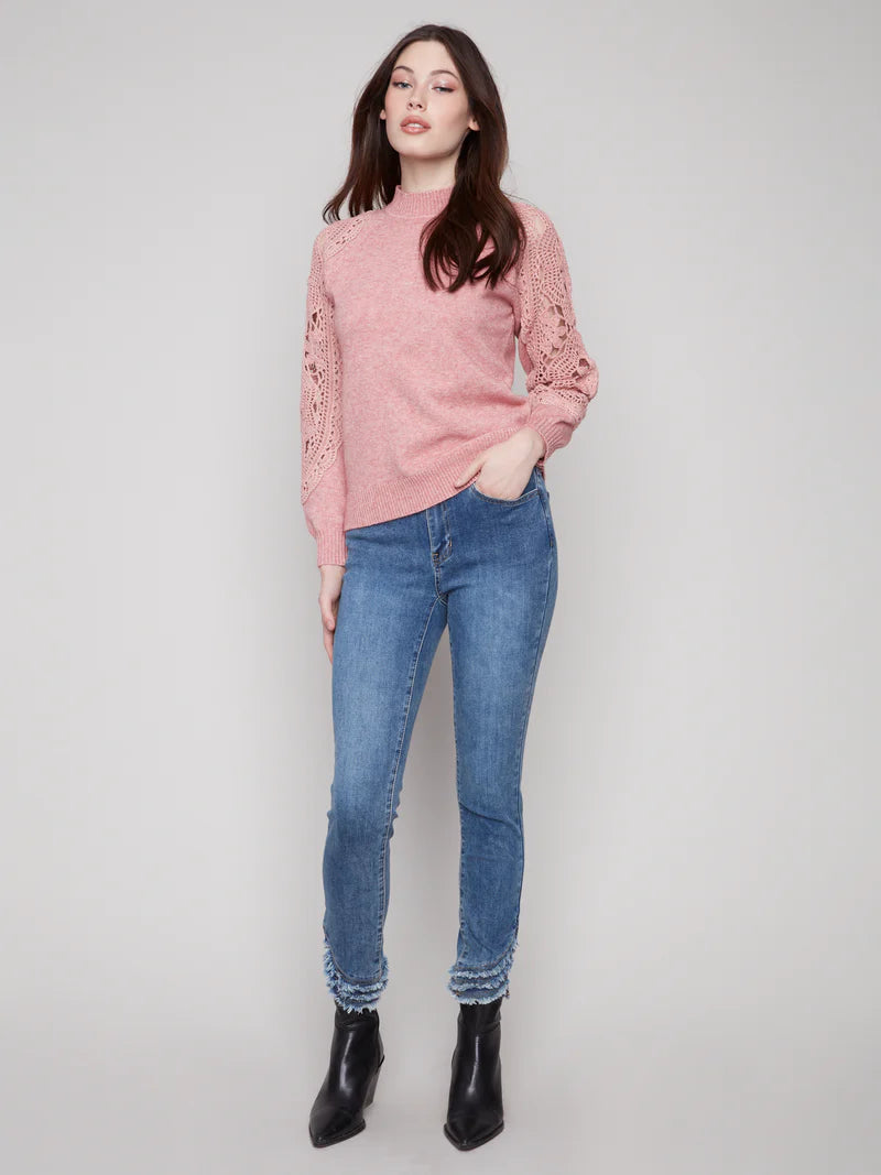 Mock Neck Raglan Sweater With Crochet Sleeves