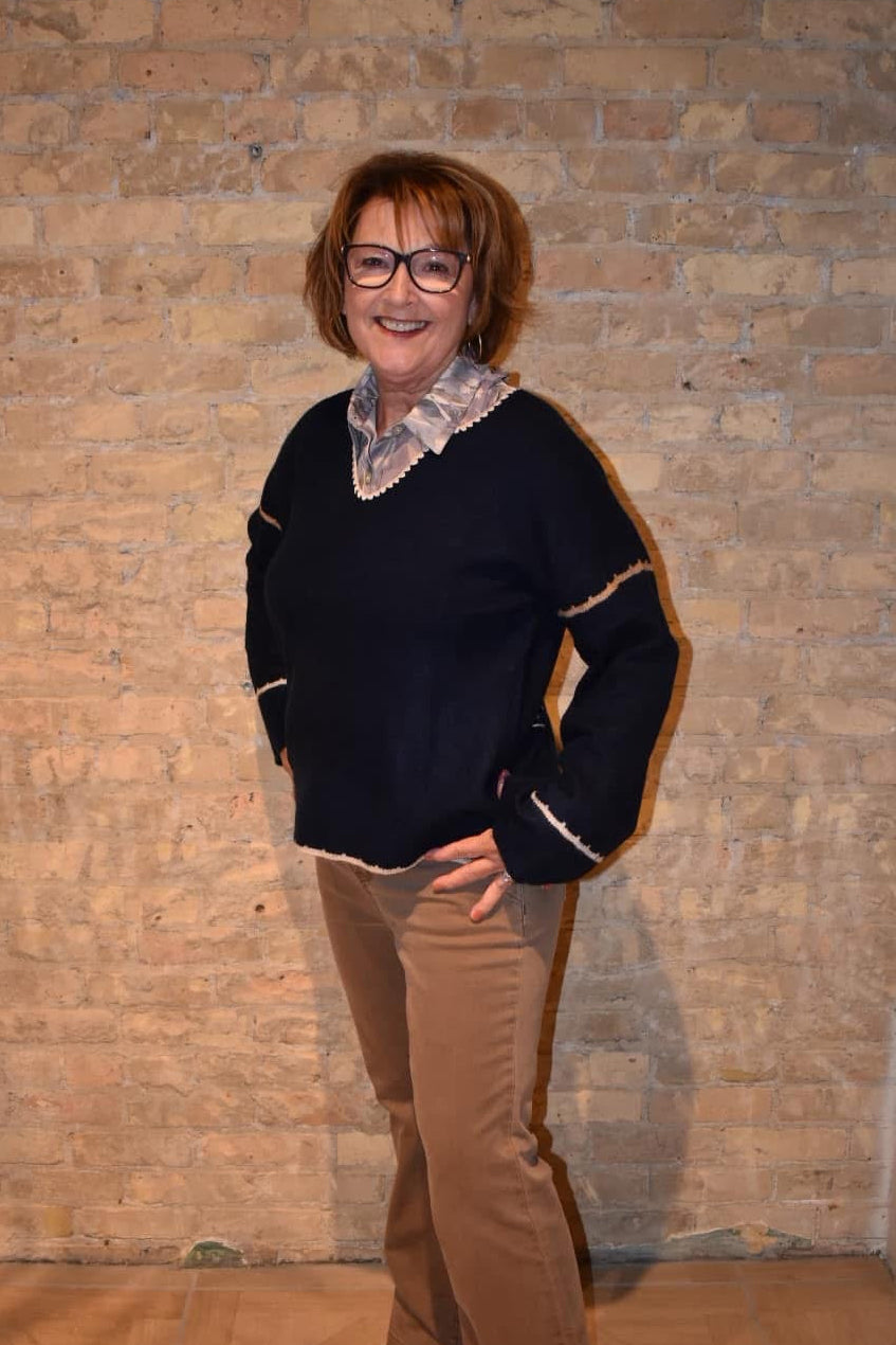 Ribbed V-Neck Notched Soutache Sweater