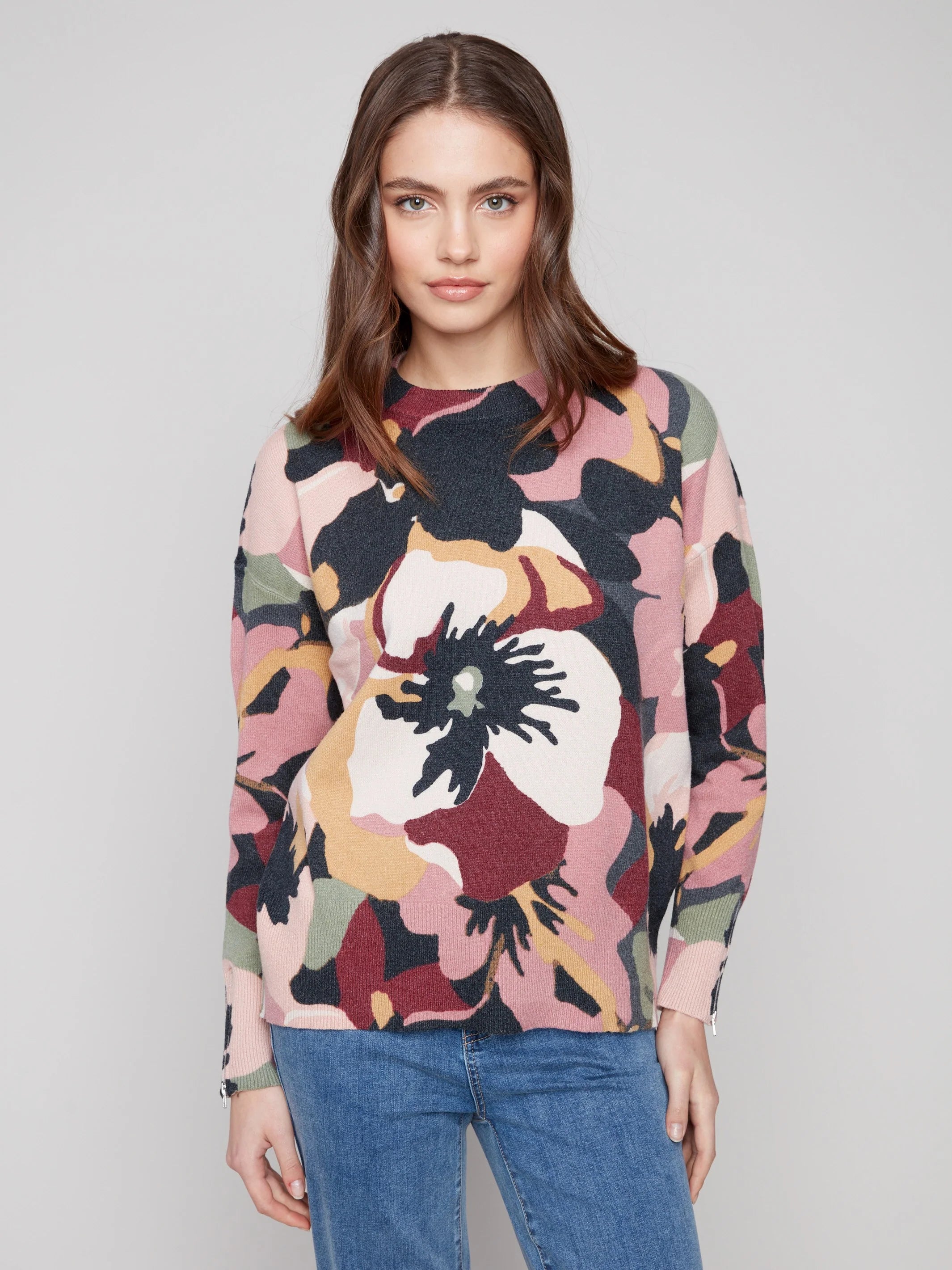 Printed Crew Neck Sweater With Sleeve Zippers