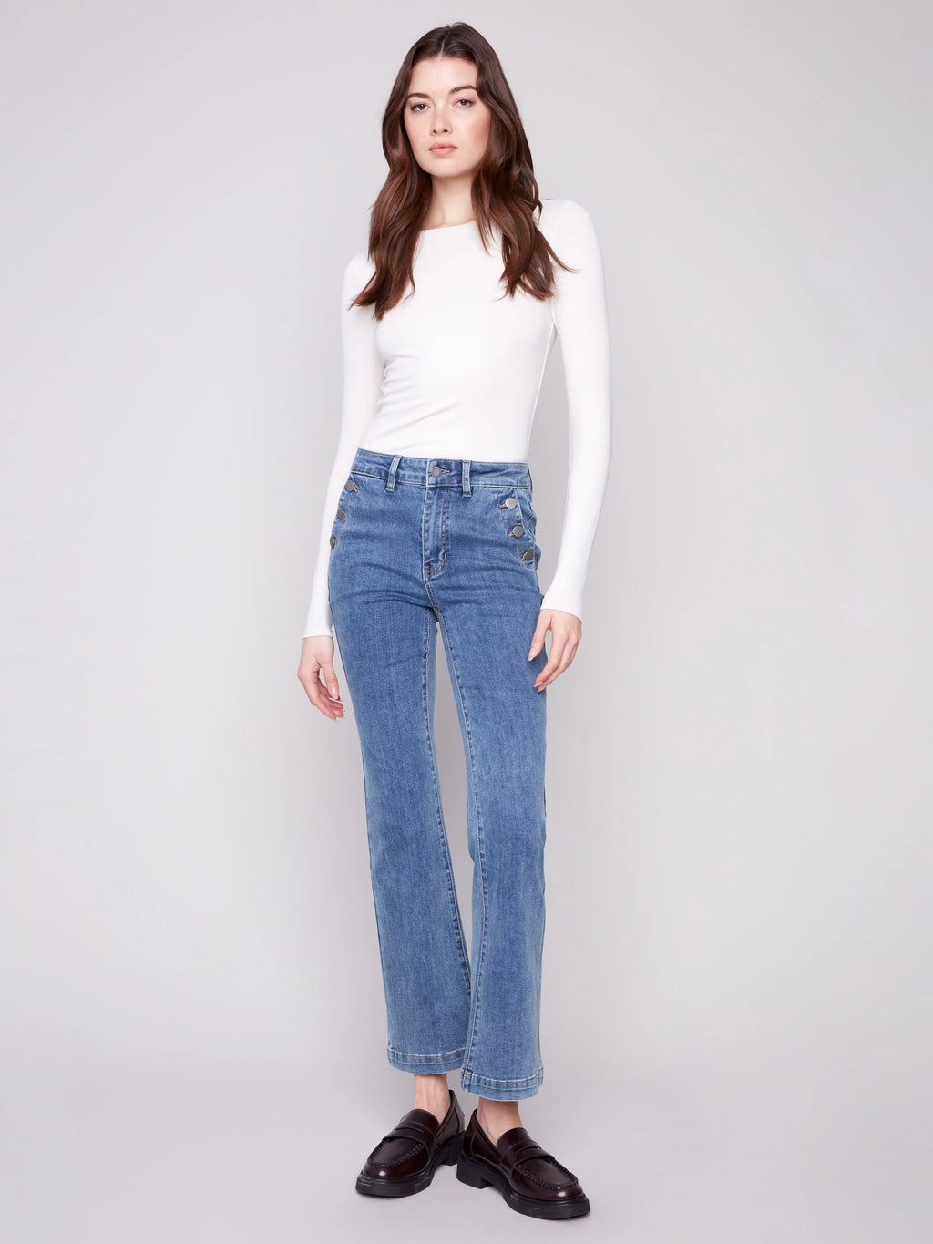Flare Leg Stretch Twill Pants With Buttons