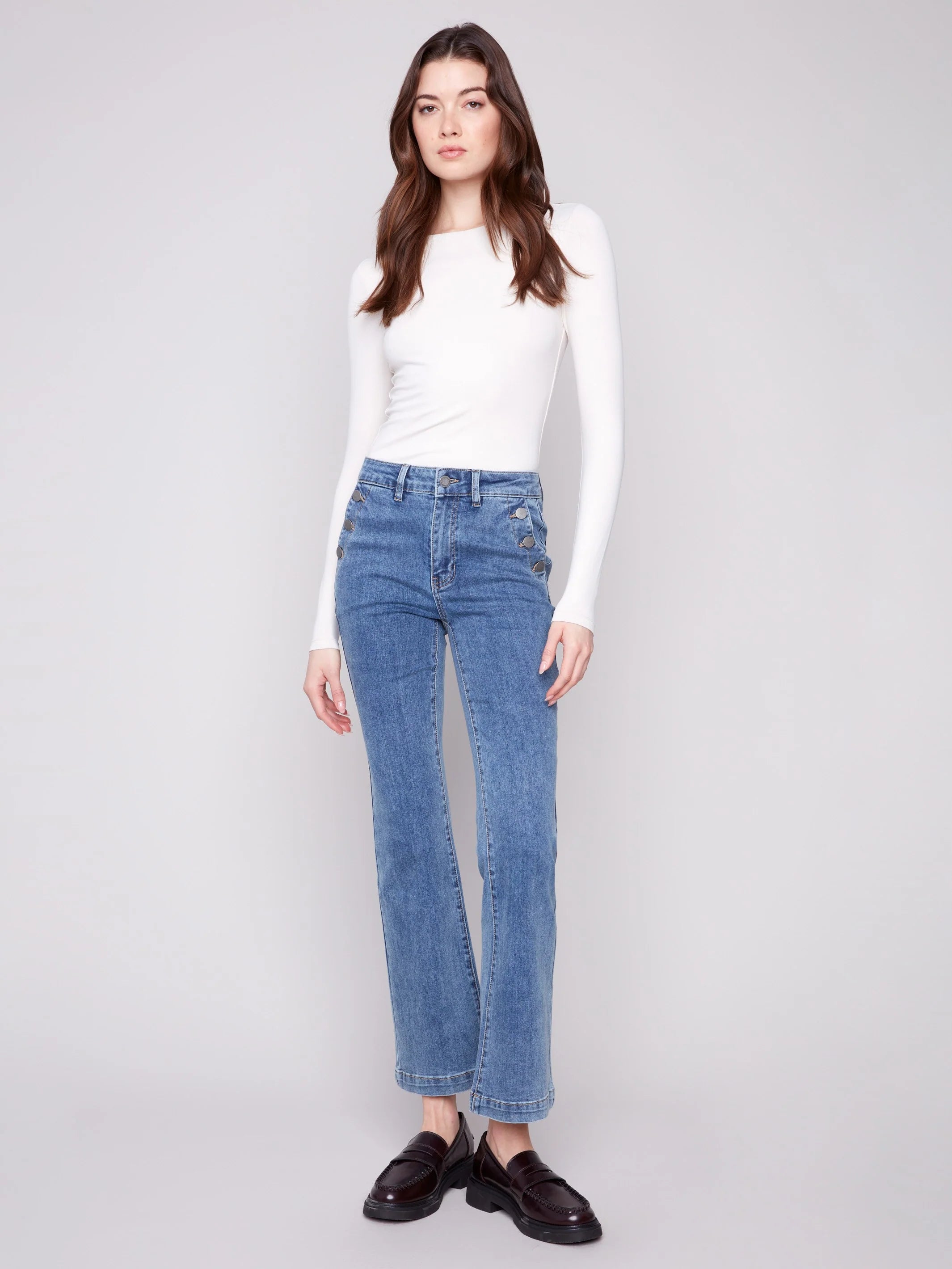 Flare Leg Stretch Twill Pants With Buttons