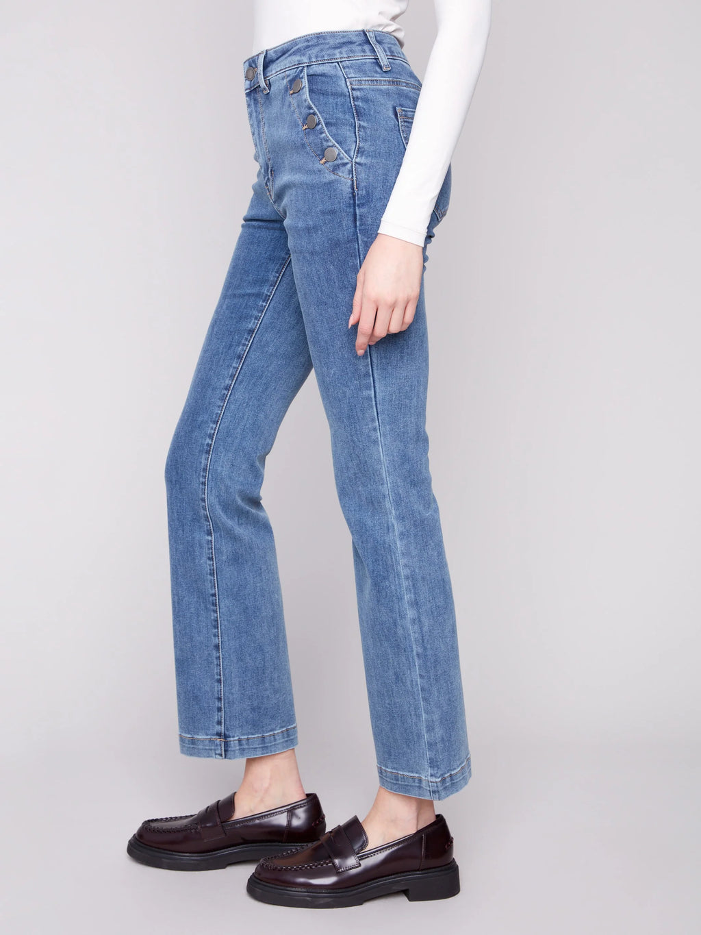 Flare Leg Stretch Twill Pants With Buttons