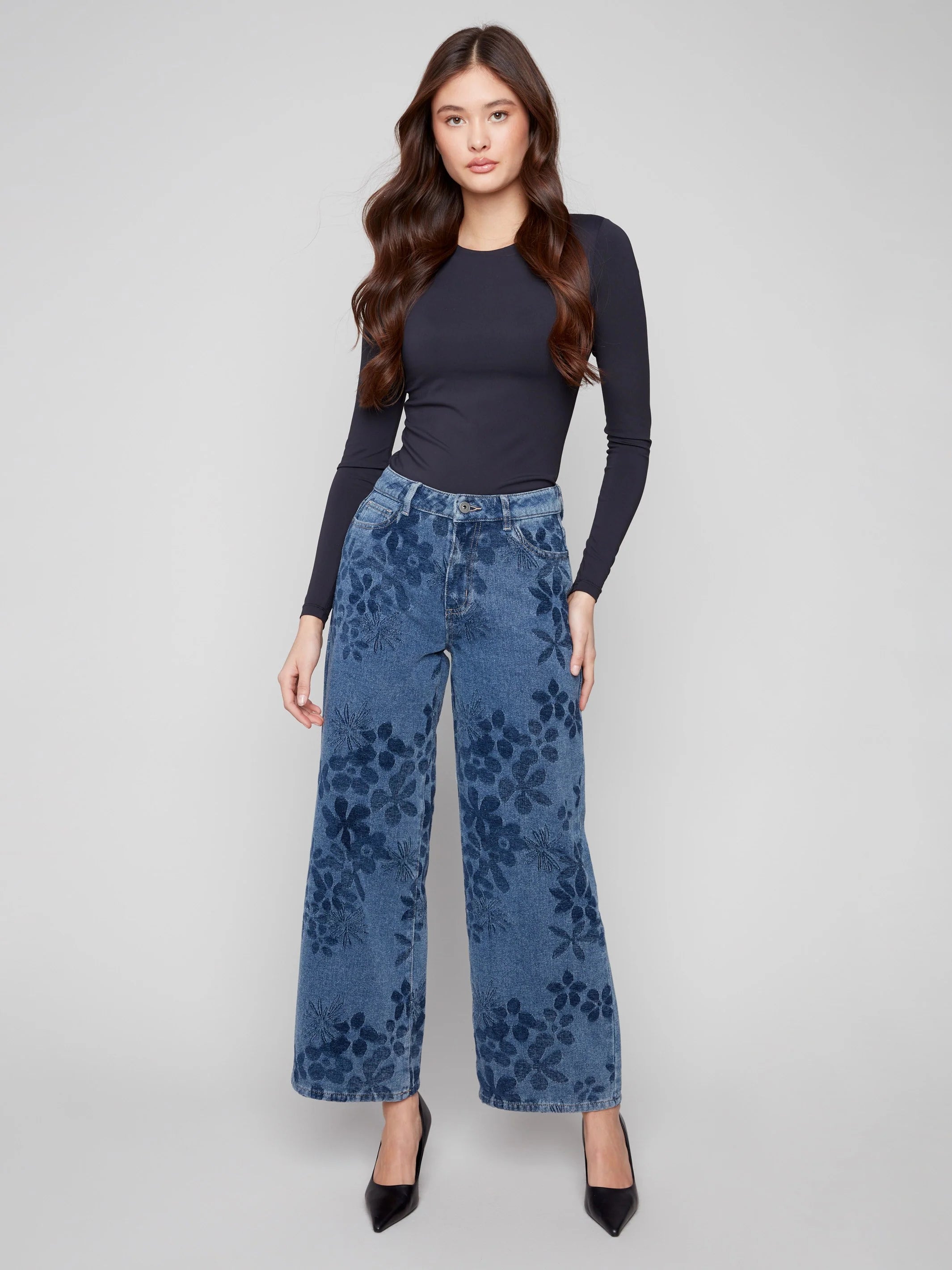 Wide Leg Denim Jacquard Flower Pants