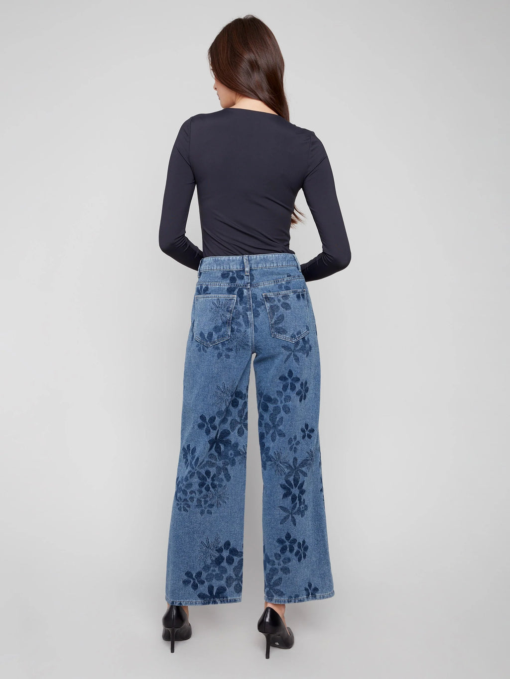 Wide Leg Denim Jacquard Flower Pants