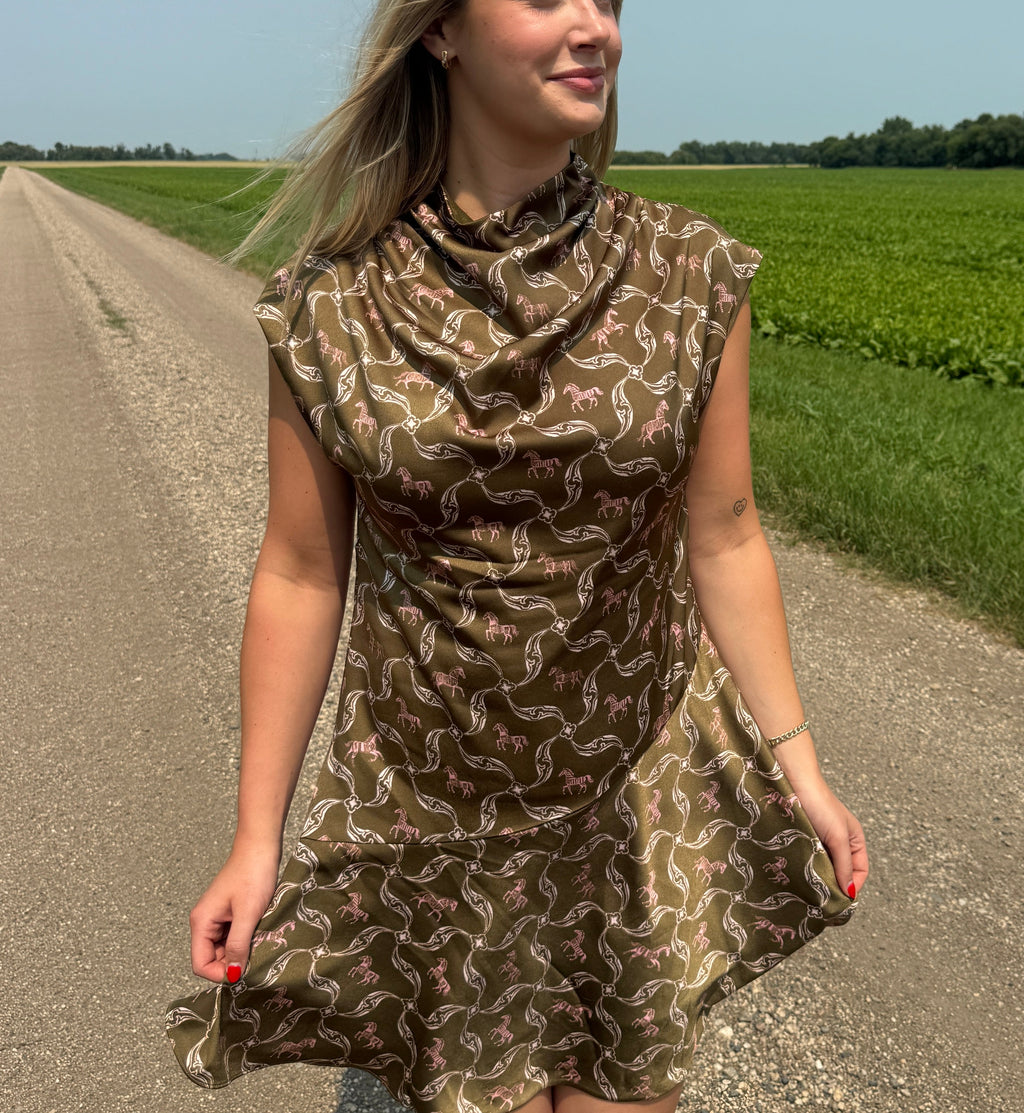 Silk Horse Print Sleeveless Dress