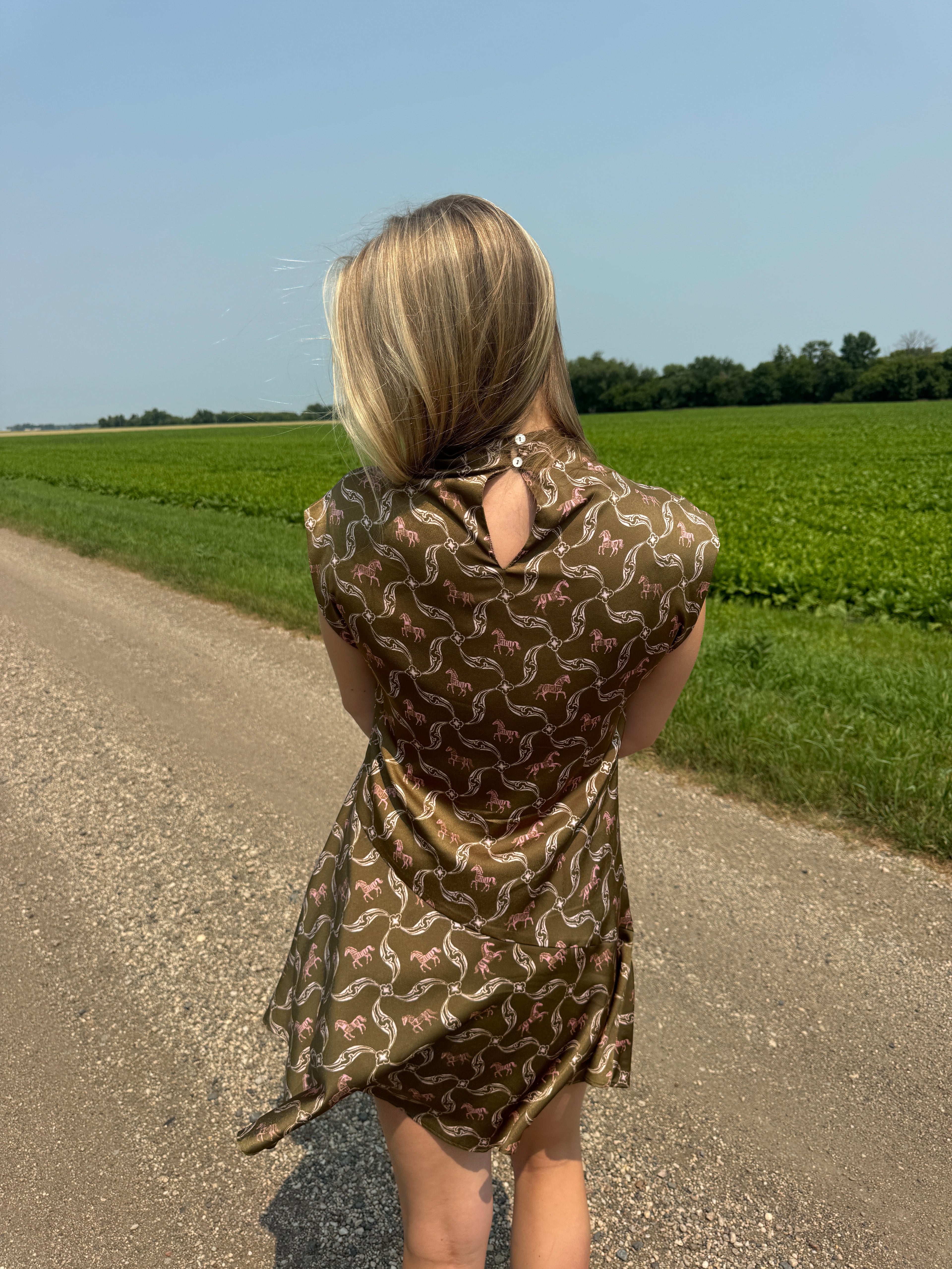 Silk Horse Print Sleeveless Dress