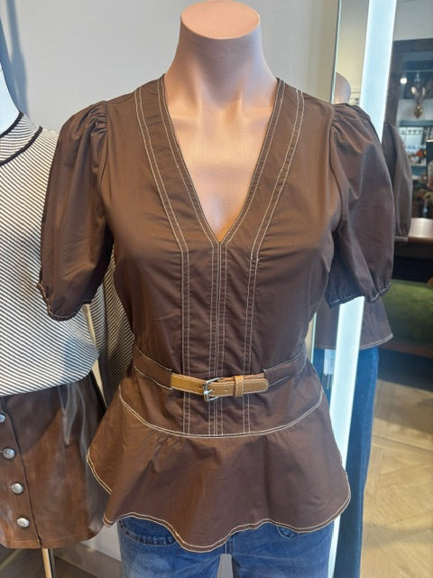 Short Sleeve V-Neck Belted Detail Top