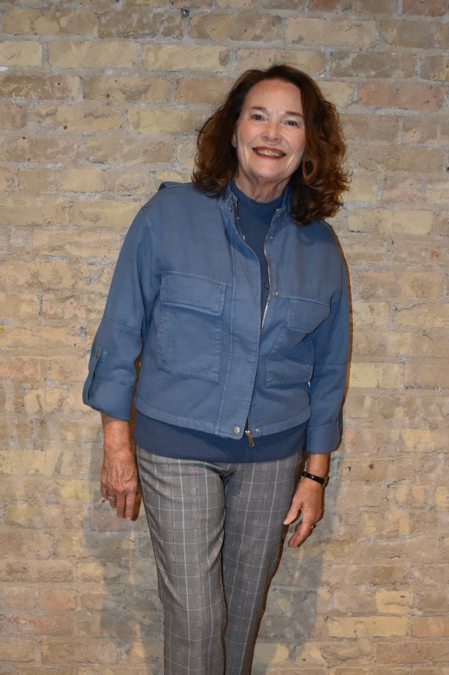 L/S ZIP FRT JACKET W/ DOUBLE POCKETS-SLATEBLUE