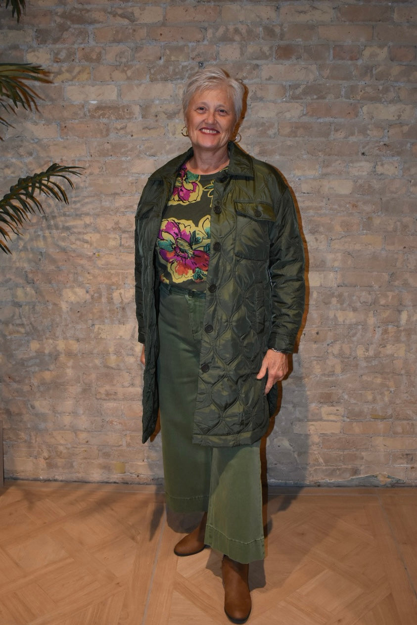 Long Quilted Button-Up Jacket With Pockets