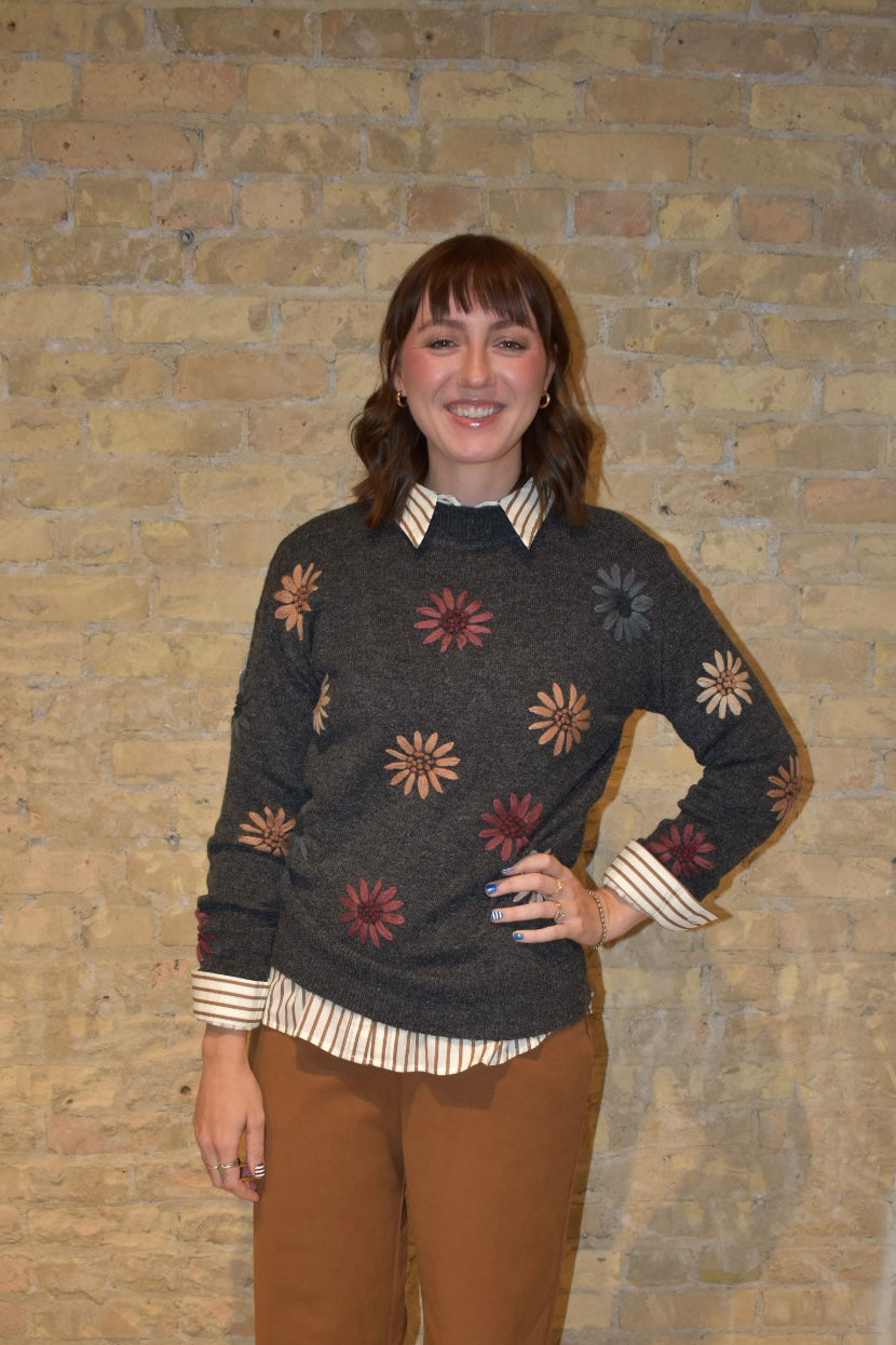 Mock Neck Sweater With Floral Embroidery