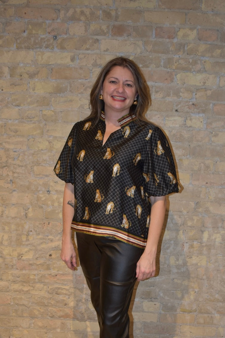 Puff Sleeve Leopard Print V-Neck Top