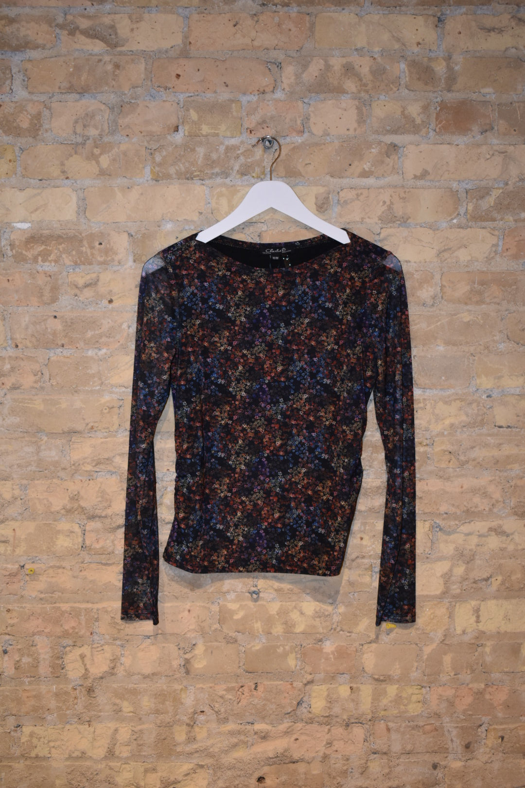 Printed Mesh Top Gathering at Sides