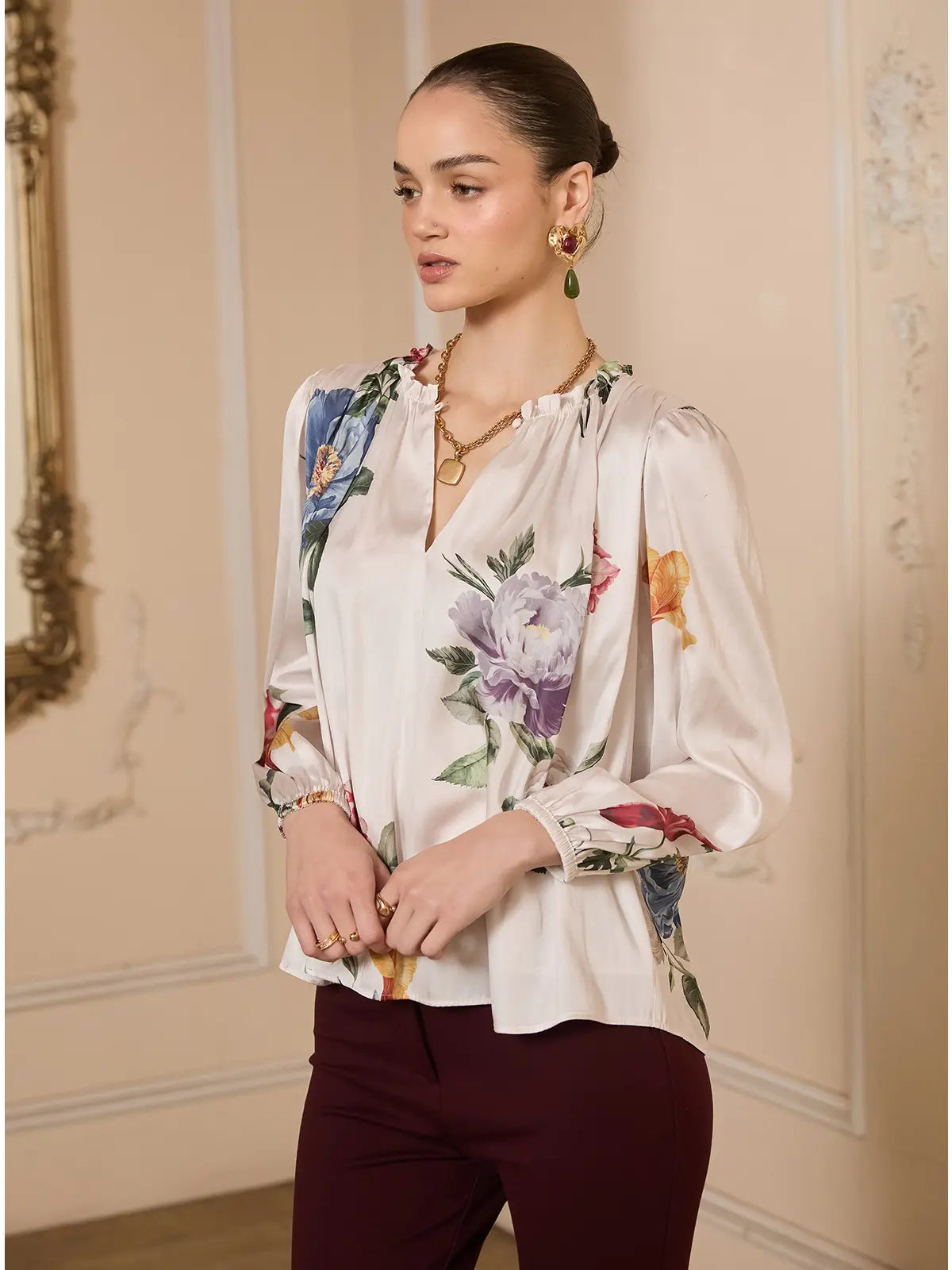 Floral Printed Ruffled Neck Long Sleeve Blouse