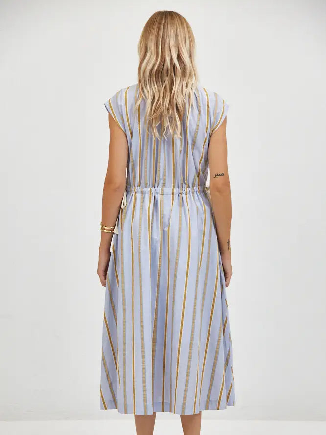 Linen Striped V-Neck Short Sleeve Midi Dress