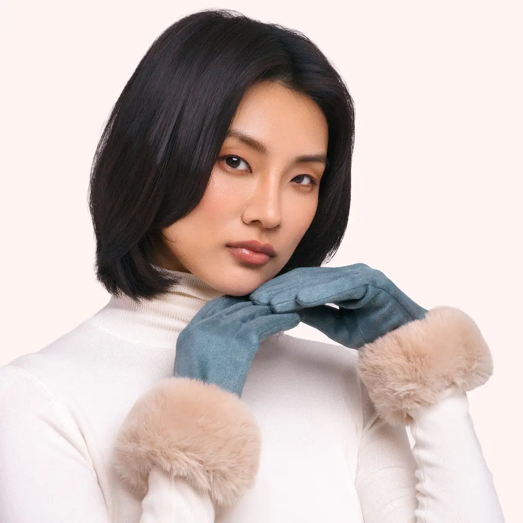Bettina Faux Suede/Fur Gloves in Denim