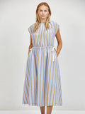 Linen Striped V-Neck Short Sleeve Midi Dress