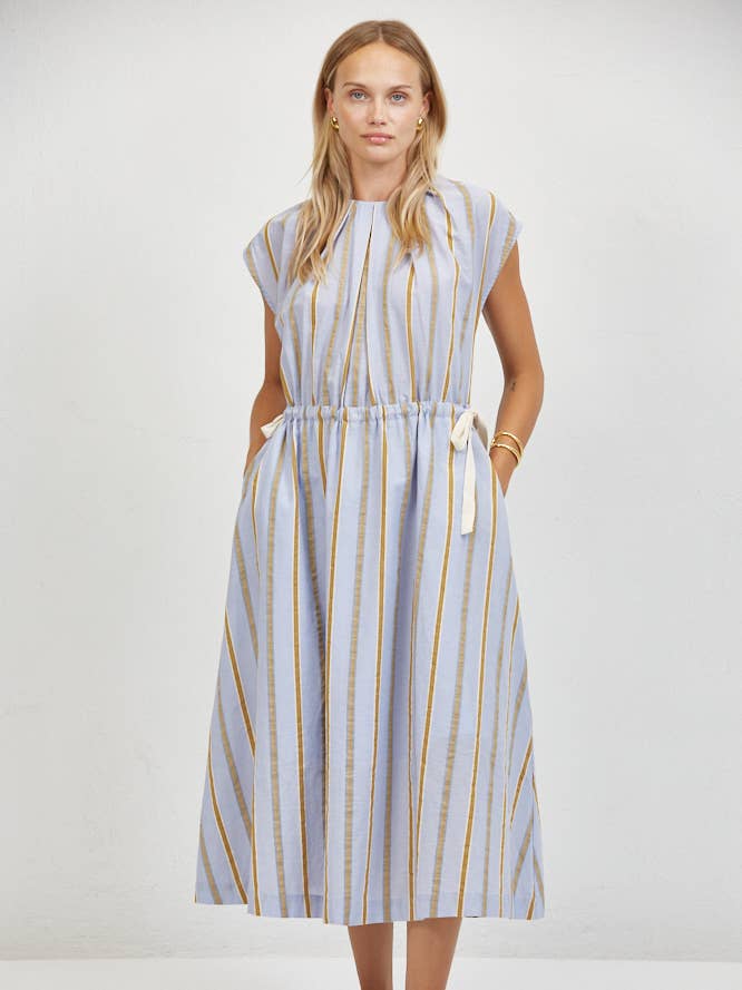 Linen Striped V-Neck Short Sleeve Midi Dress