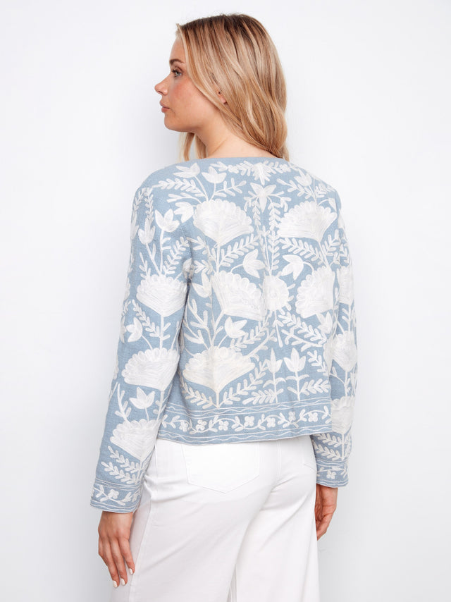 All Over Embroidered Basket Weave Long Sleeve Jacket