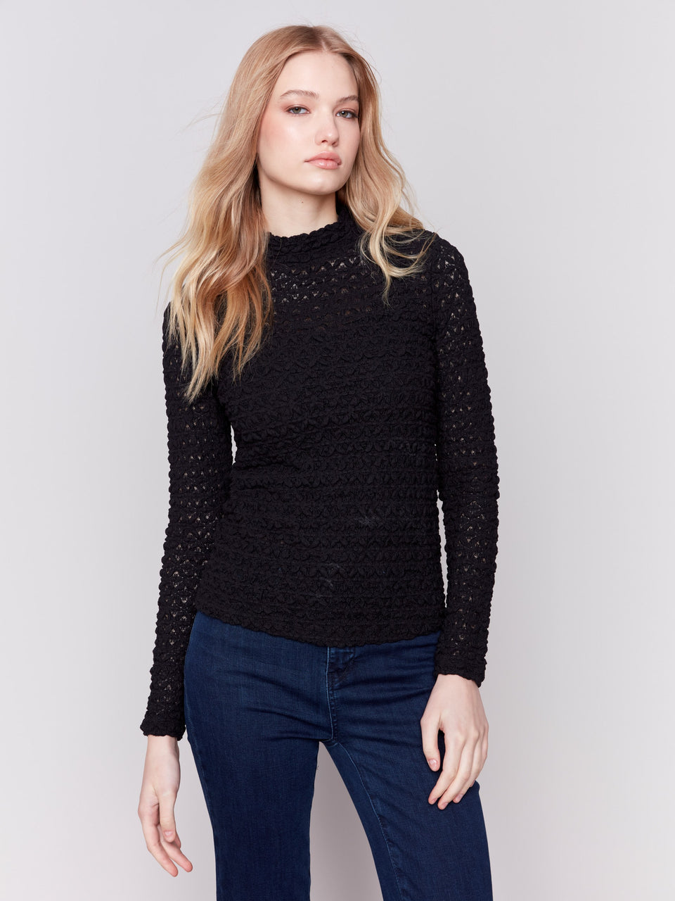 Lace Mock Neck Basic Top Long Sleeve